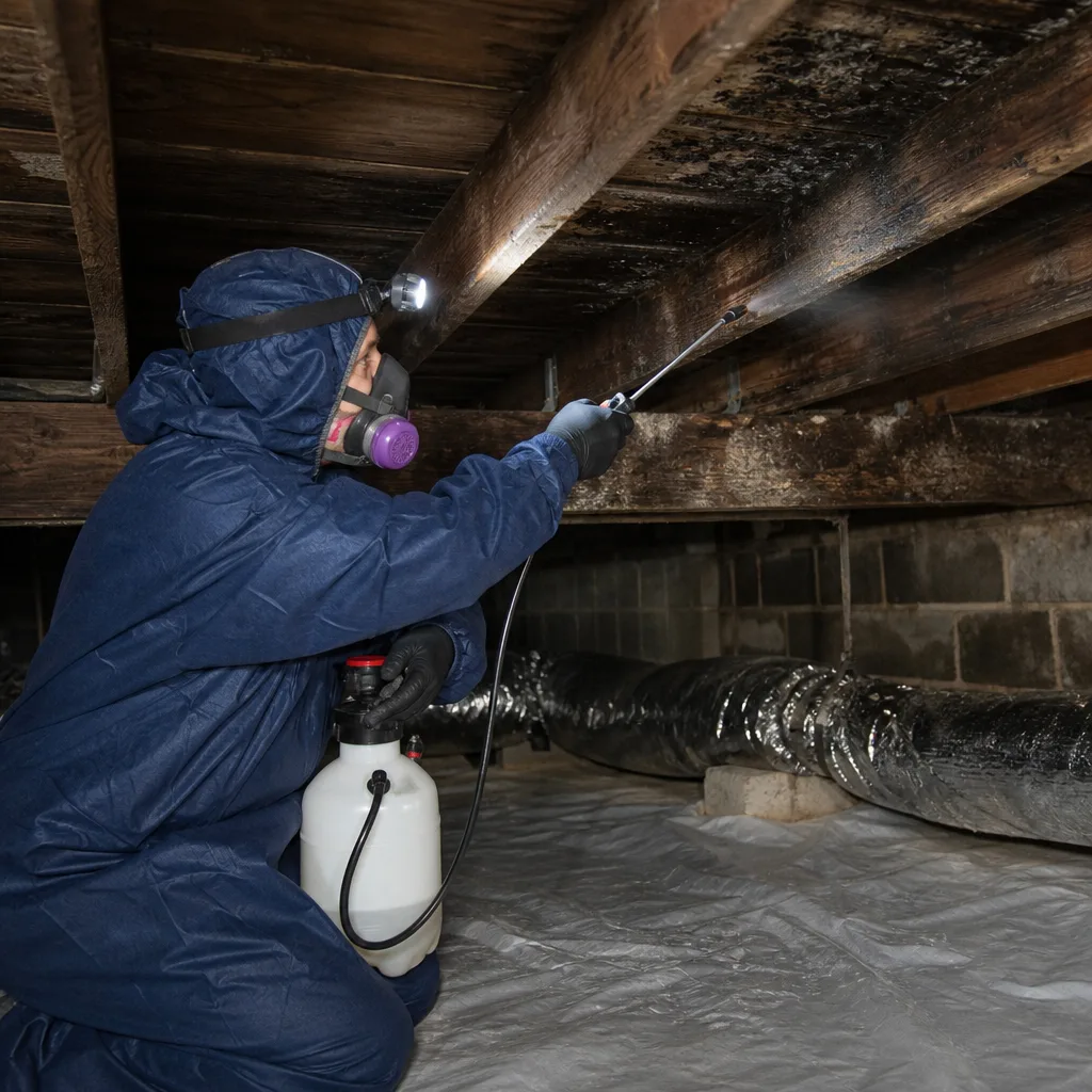 Technician in protective gear performing professional mold remediation in a crawl space