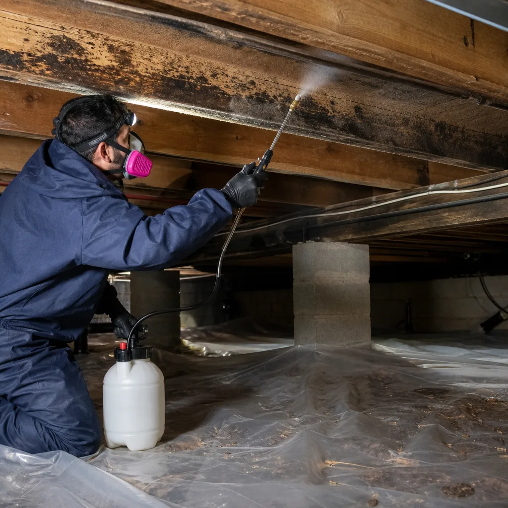 Professional technician performing mold remediation on crawl space wooden floor joists.