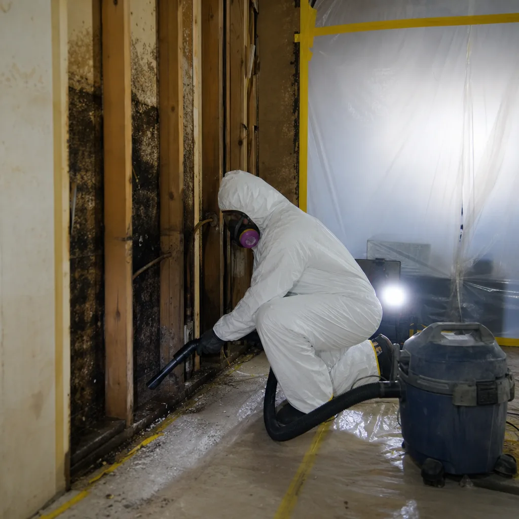 Professional in hazmat suit performing mold remediation on wall studs.
