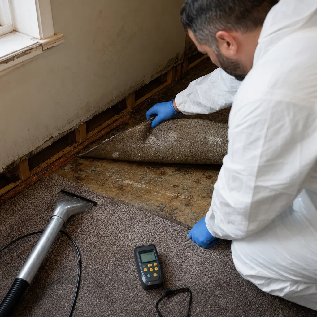 Water damage restoration professional inspecting subfloor under carpet with moisture meter
