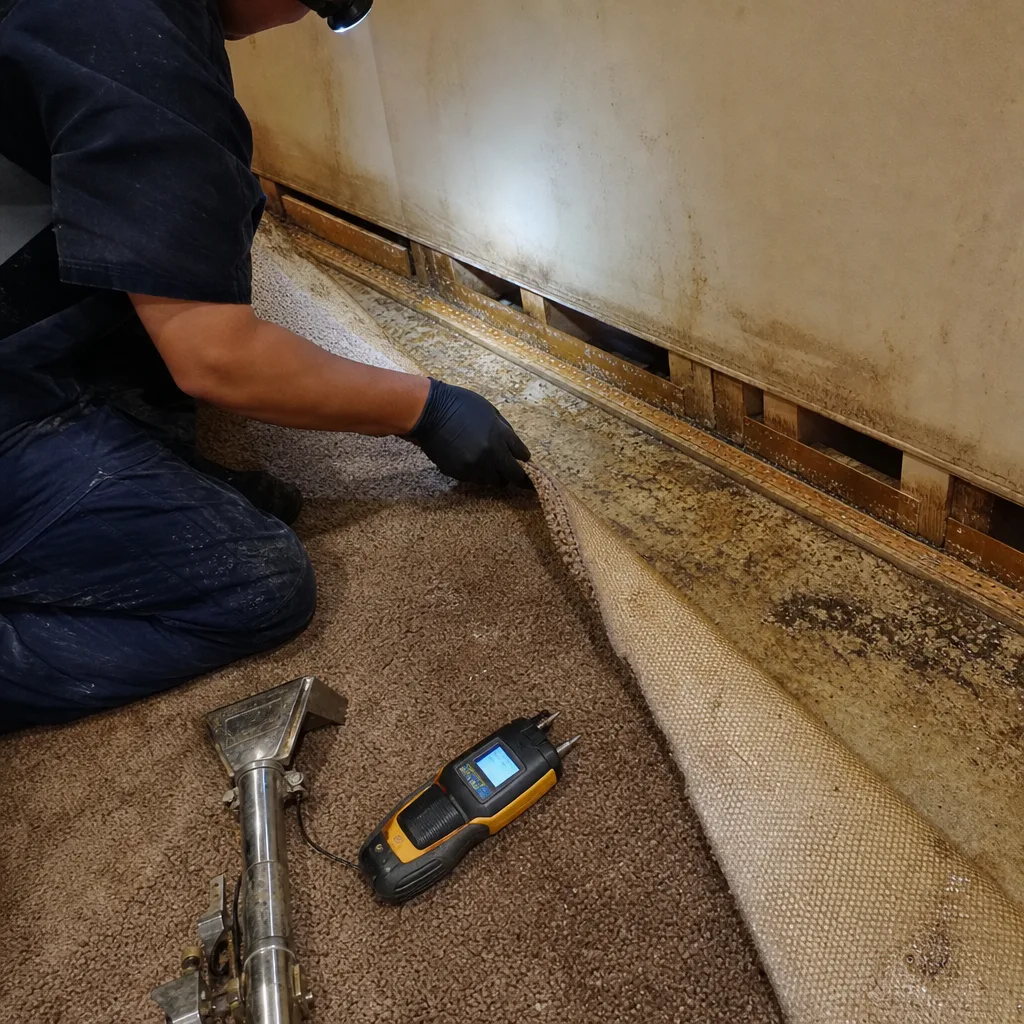 Professional technician performing water damage restoration and moisture inspection