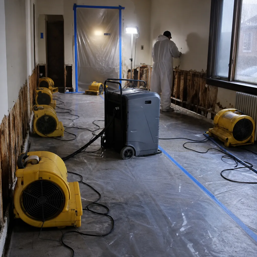 Water damage restoration professional using industrial fans and dehumidifier equipment
